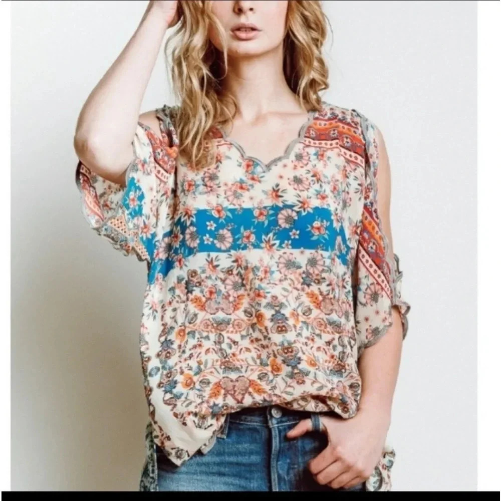 Johnny Was Betimo Floral Cold Shoulder Boho Scalloped Blouse Tassel Size XS